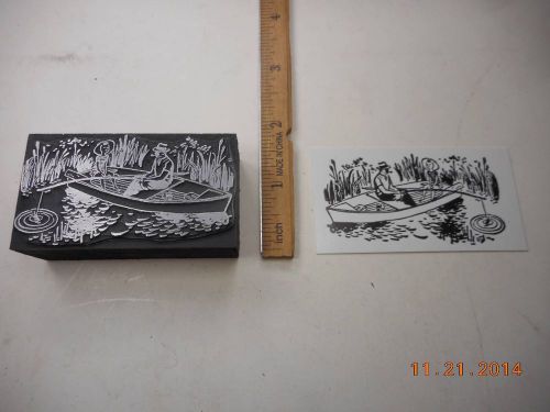 Letterpress Printing Printers Block, Fishing, Man &amp; Woman in Row Boat by Cattail