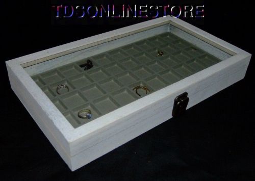 Rustic Antique White Color 50 Slot Jewelry Glass Top Display Case Gray