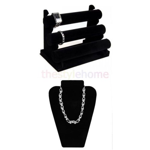 Black Triple T-Bar Bracelet Bangle Watch Display Holder + Necklace Bust Stand