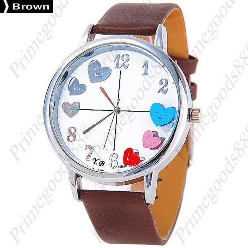 Smiling heart pu leather round analog quartz wrist wristwatch women&#039;s brown for sale