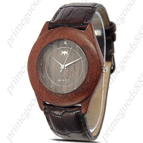 Wood Retro Round Wooden Analog Genuine Leather Free Shipping Wrist Wristwatch