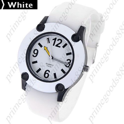 Unisex Round Quartz Analog Wrist Watch Rubber Band in White Free Shipping