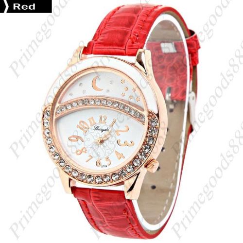 Star Round Rhinestones PU Leather Lady Ladies Quartz Wristwatch Women&#039;s Red