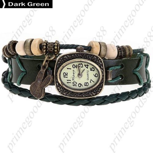 Rabbit pu leather analog quartz wrist lady ladies wristwatch women&#039;s dark green for sale