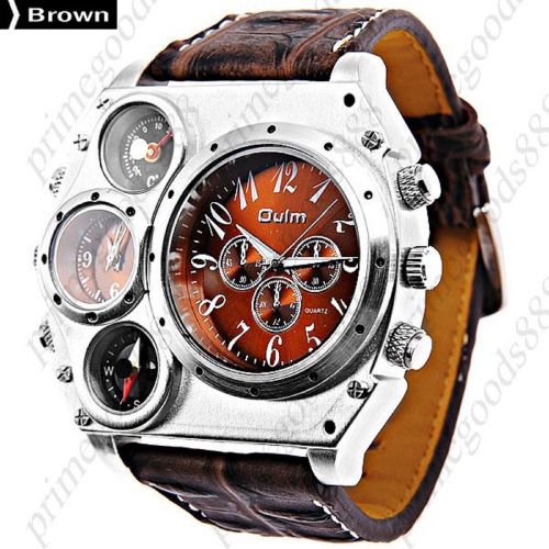 Dual Time Thermometer Compass Men&#039;s Wrist Quartz Wristwatch in Brown
