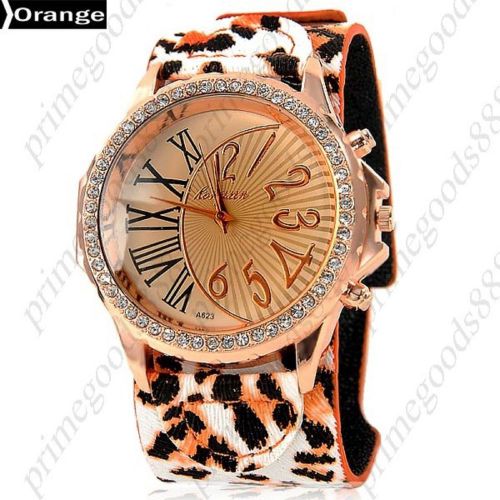 Leopard Rhinestones PU Leather Lady Ladies Quartz Wristwatch Women&#039;s Orange