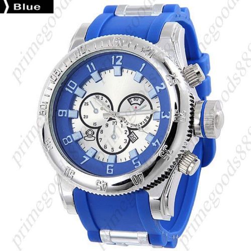 Numerals Big Face Quartz Analog Date Sub Dial Wrist Men&#039;s Wristwatch Rubber Blue
