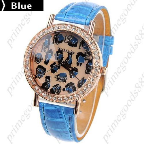 Round Leopard Rhinestone Quartz Wrist Wristwatch Free Shipping Women&#039;s Blue