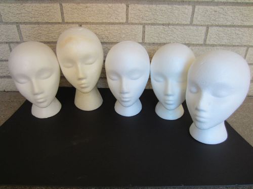 5 white styrofoam wig heads one is 12&#034; 4 are 10&#034; for display wigs/glasses