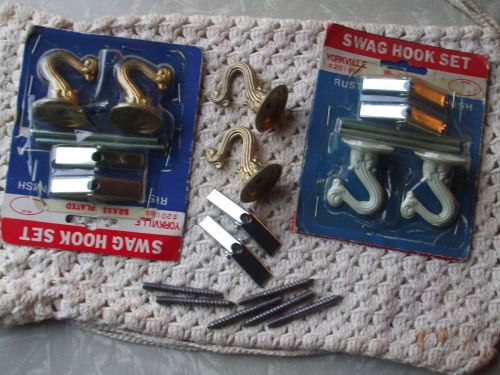 6 vintage Yorkville metal swag hooks w/toggle bolt assemblies, 4 brass, 2 white