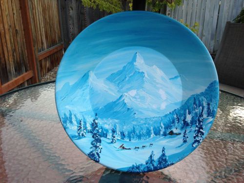 Wilderness painting on a full size authentic metal gold panning pan