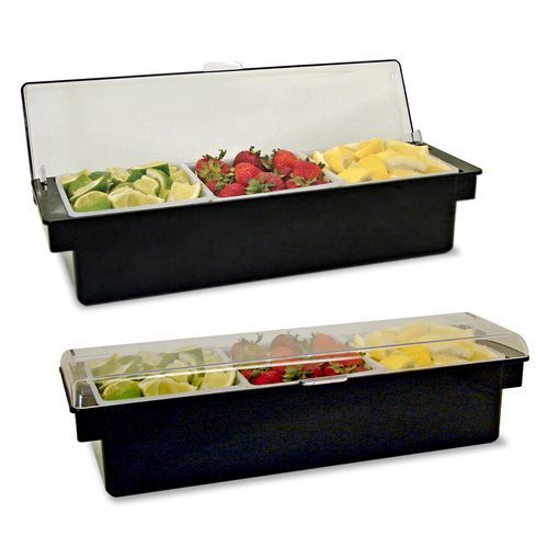 Chilled condiment holder / tray holds ice 3 compartments black / clear lid for sale