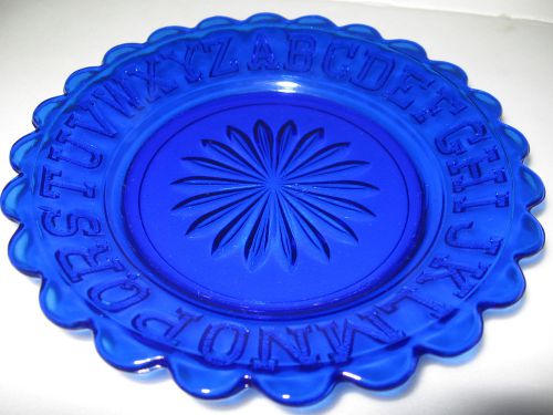 Cobalt Blue glass Childs ABC alphabet plate platter tray baby childrens dark art