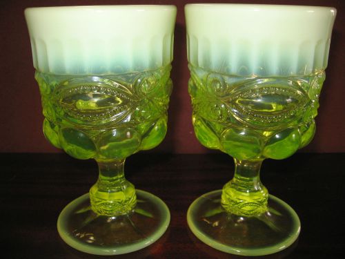pair of Vaseline opalescent glass tumblers cups goblets uranium eyewinker yellow