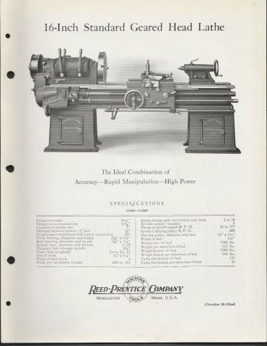 2 Page Circular 10-216-1 Reed Prentice Co Machine Tools Worcester Mass 16&#034; Lathe