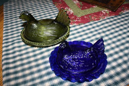 Cobalt Blue glass nesting hen basket candy butter dish, plus bonus second hen.