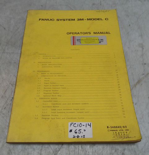 Fanuc System 3M Model C Operators Manual, B-54004E / 02, Used