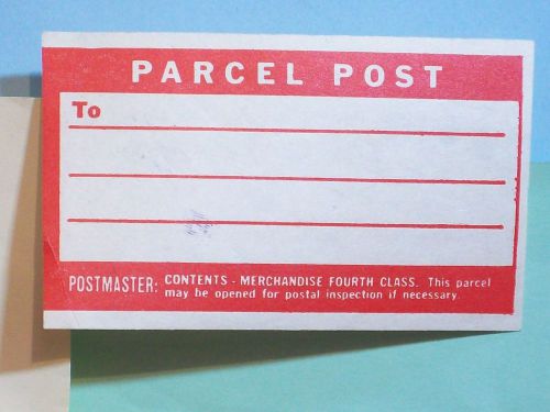 STAMP PARCEL POST STICKER ANTIQUE VINTAGE RED AND WHITE 3  1/4 ” x 2” POSTMASTER:  C