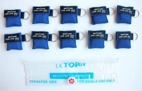 10PCS CPR MASK FACE SHIELD in POUCH w/ KEY CHAIN, 1-way Valve, 2&#034; x 2&#034;, BLUE
