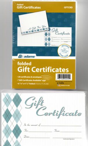 (3) Adams Folded Gift Certificates  20 certificates &amp; envelopes  6 1/4&#034; x 4 1/2&#034;