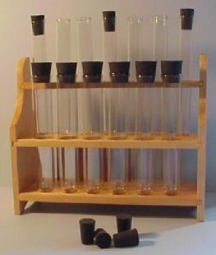Wooden Test Tube Rack w 13 Glass Tubes Stoppers Great Display!