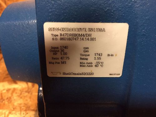 Sew-eurodrive gearbox &amp;motor, 1hp 1740 rpm, 208&#039;/360y vol model #r47dre80m4/dh for sale
