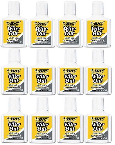 12 Pcs GENUINE BIC Wite Out Quick Dry Correction Fluid White Foam Brush 7oz Each