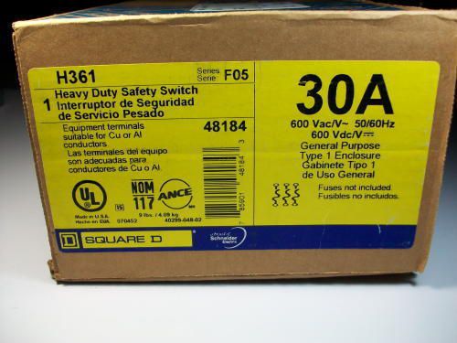 SQUARE D,  H361  SAFETY, SWITCH,  FUSIBLE, 3PST, 30A, 600V, NEW