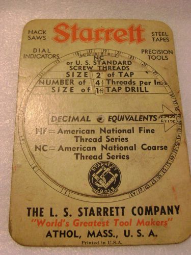 Vintage Starrett  Decimal, Tap and Drill Equivalent Card