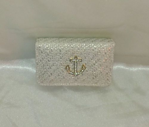 BLING CLEAR RHINESTONE GOLD ANCHOR ON GOLD SHIMMER MATERIAL BUSINESS CARD CASE