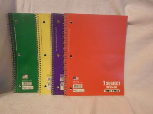 Lot of 4 Spiral Notebook 1 Subject 70 Sheets Wide Ruled Spiral Notebooks