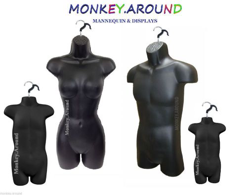 4 Mannequin,MALE FEMALE CHILD TODDLER-Black Form Display Dress Shirts + 4 Hooks