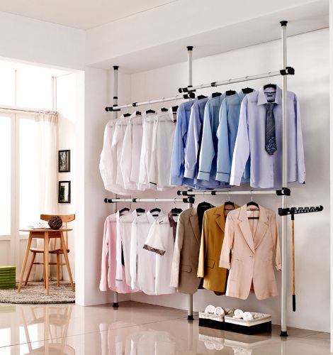 Flexi Garment Rack DIY Coat Hanger Clothes Wardrobe Three Pole Free Hook Shelf