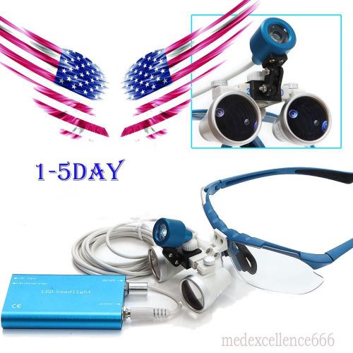 USA STOCK BLUE Dental l Medical Binocular Loupes 3.5 X 420mm +LED Head Light