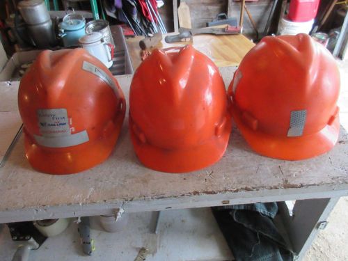 Lot of 3 used but solid msa safety orange hard hat or helmet mediums lot 15-50-1 for sale