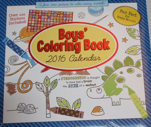 16-Month 2016 BOYS COLORING BOOK Wall Calendar NEW SEALED Activity Stickers Kids