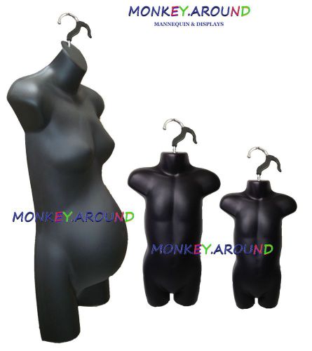 3 Mannequin Black Body Form Pregnant Female Child Infant Display w/3 hook Hanger