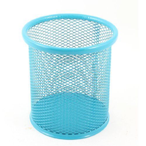 8.3cm diameter cylinder shaped mesh design metal pen ruler pencil holder blue for sale