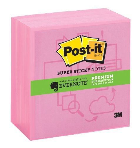 Post-it super sticky notes, evernote collection, 3 x 3 inches, neon pink, 4 pads for sale
