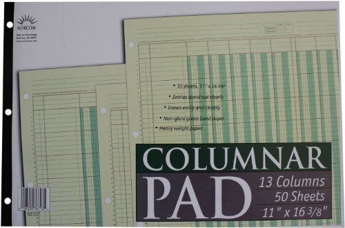 Norcom Columnar Pad 13 Columns, 11 x 16.375 Inches, 50-Sheets, Green (76713-10)