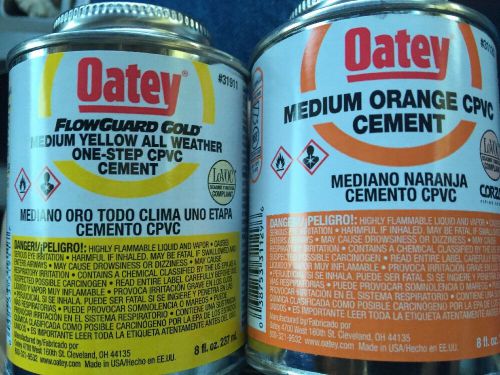 NEW 2 Cans Lot Oatey Medium Orange Cpvc Cement &amp; Med Yellow All Weather Cpvc