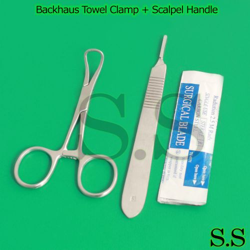 BACKHAUS TOWEL CLAMP 3.5&#034;+SCALPEL HANDLE #3+5 SURGICAL BLADES #15