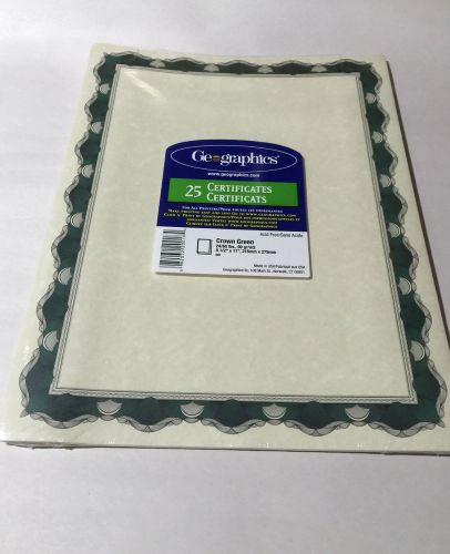 Geographics Paper Certificates Crown Green 8 1/2 x 11 Green Border 25 pack