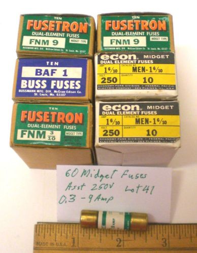 60 Fuses FNM Time Delay &amp; Others BUSS, ECON 250V Assorted .3-9 Amps, Lot 41, USA