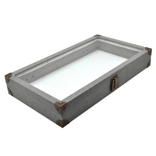 Grey linen glass top wooden case jewelry box display case w/flat liner showcase for sale