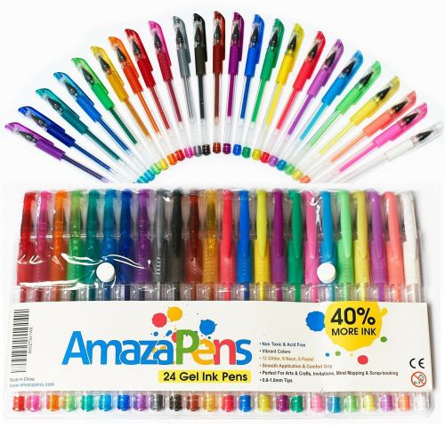 Amazapens Gel Coloring Pens. Assorted 24 Pack -40% More Ink Than Other Sets! ...