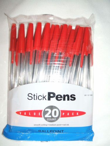 NWT Stick Pens Value 20 Count Pack Smooth Writing Medium Point Red Ink Pens