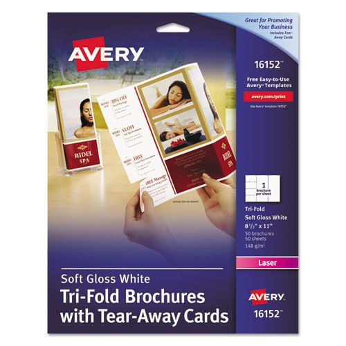 Tri-fold brochure w/tear-away cards, 8 1/2 x 11, soft gloss white, 50/pack for sale