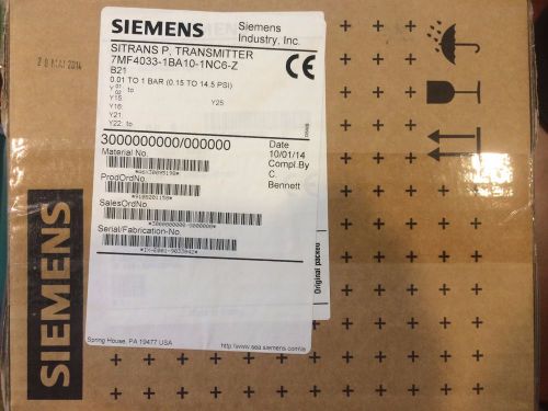 NEW SIEMENS SITRANS P PRESSURE TRANSMITTER 7MF4033-1BA10-1NC6-Z .15-14.5PSI
