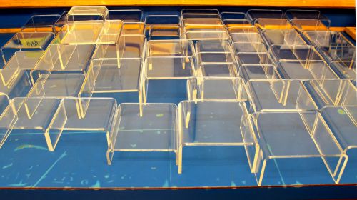 Huge lot, 56 clear acrylic display risers, 2x3.5x1.5 to 5.5x5.5x2.5. usa made for sale